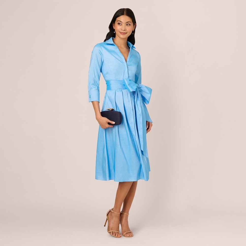 ADRIANNA PAPELL Three Quarter Sleeve Taffeta Midi Shirt Dress In Bluebell - Picture 4 of 6